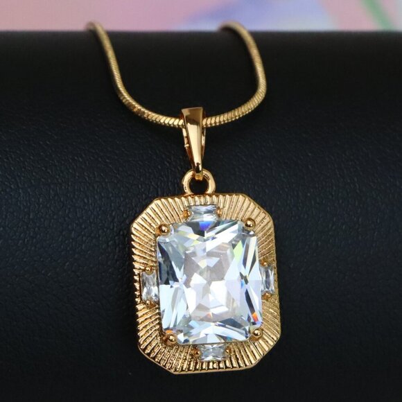 "White Emerald Cut Pendant with Textured Gold Frame and Shine, XPPT1782 - Picture 1 of 13